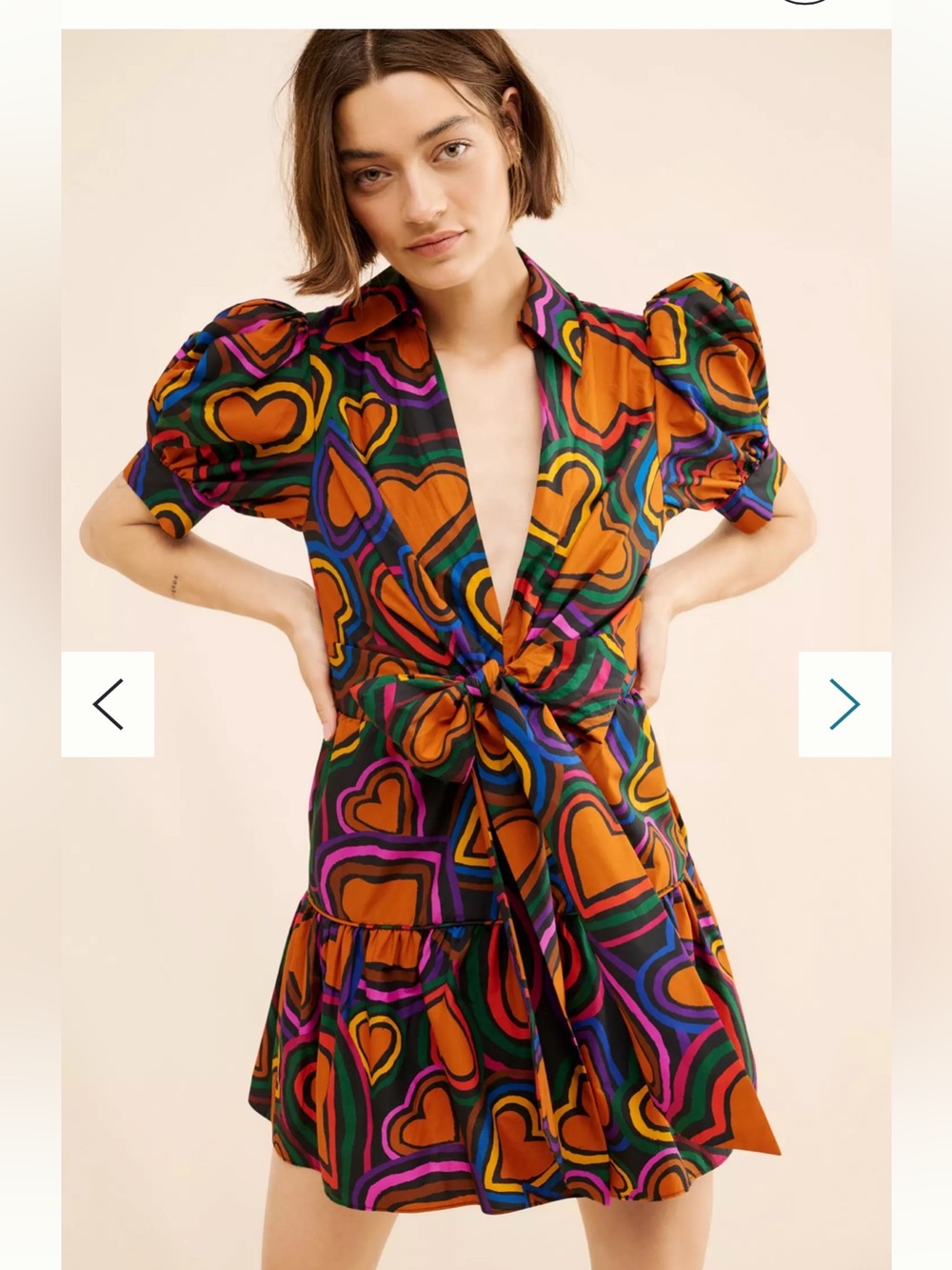FARM Rio Orange Multi Heart-Print Bow Tie-Front Mini Dress